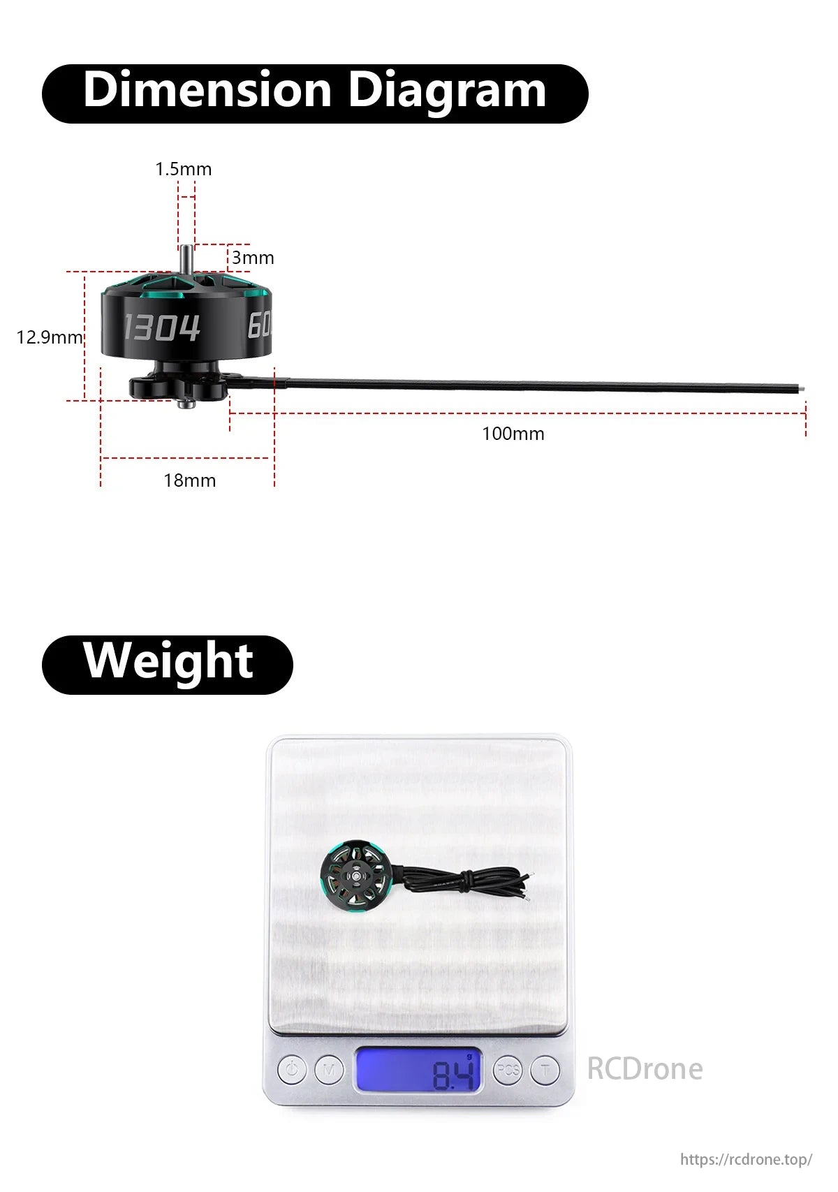 Sub250 1304 5700KV–6300KV 2–4S Brushless Motor, Sub250 1304 brushless motor, 5700-6300KV, 2-4S, dimensions 12.9x18mm, 3mm shaft, 100mm wire, weighs 8.4g.