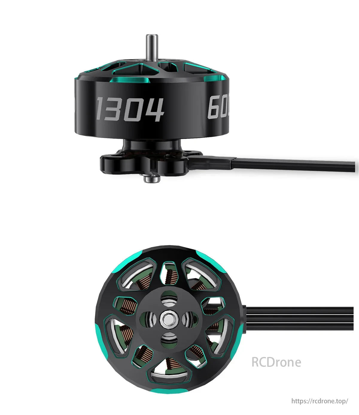 Sub250 1304 5700KV–6300KV 2–4S Brushless Motor, Specifications for electric motor include KV range, stator configuration, shaft diameter and length, cable spec, bearing diameter, propeller support, and recommended voltage.