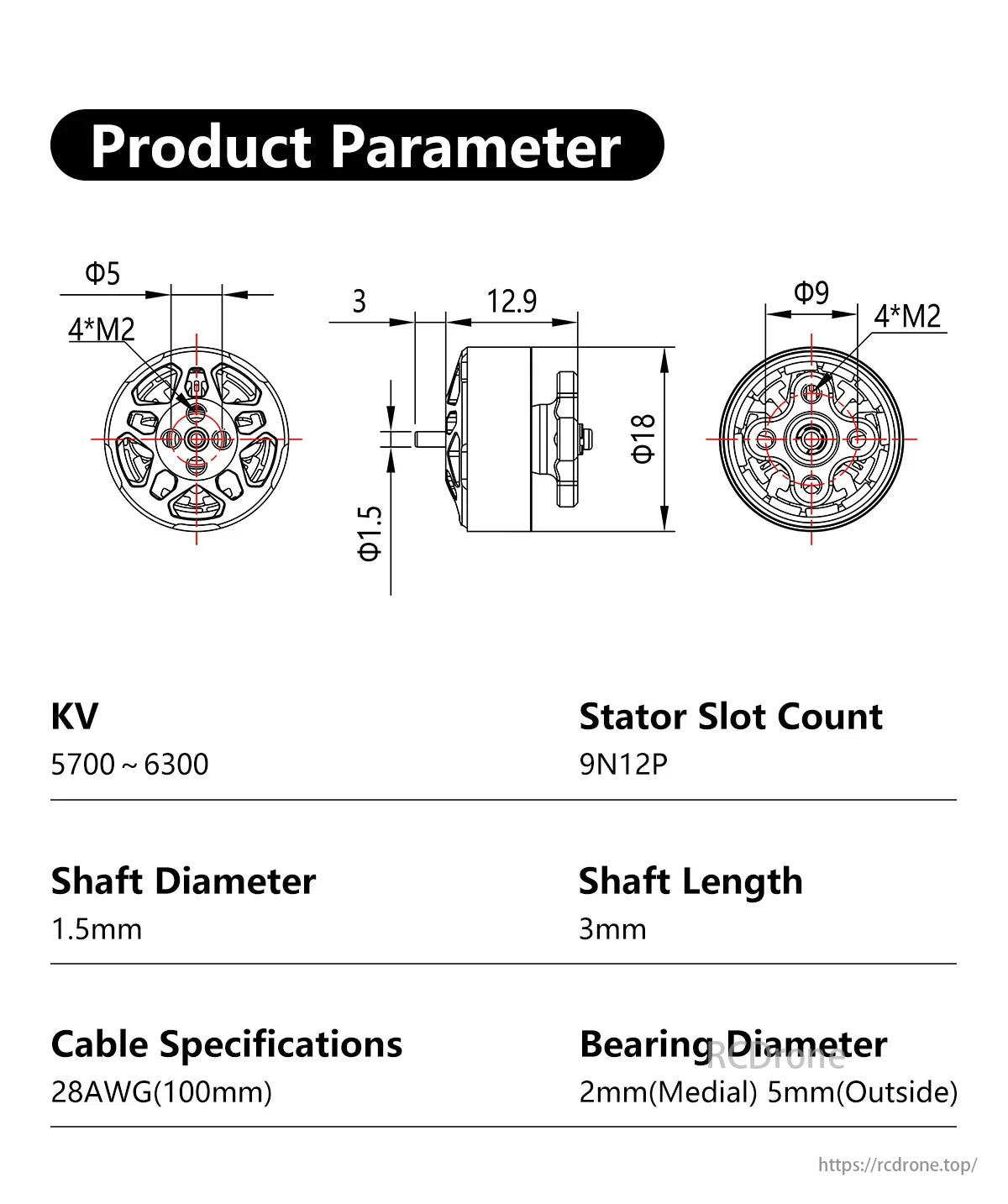 Sub250 1304 5700KV–6300KV 2–4S Brushless Motor, Sub250 1304 brushless motor specs: KV 5700-6300, 9N12P stator, 1.5mm shaft, 3mm length, 28AWG cable, 2mm/5mm bearings.