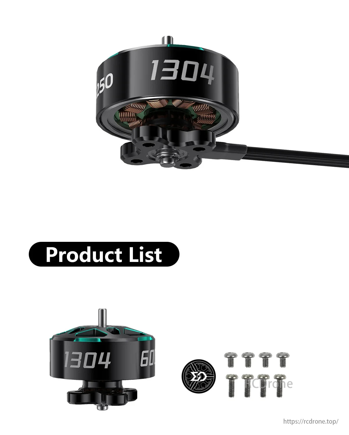 Sub250 1304 5700KV–6300KV 2–4S Brushless Motor, Specifications for a motor: KV range, stator config, shaft dimensions, cable spec, bearing diameter, and propeller support.