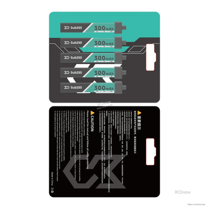 Packaging layout showing five Sub250 300mAh battery placements on card, plus back-side caution panel
