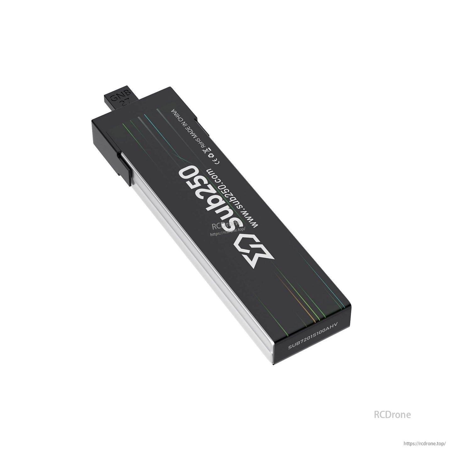 Sub250 battery diagonal back view with striped graphic, printed URL, and end cap details