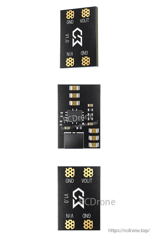 Pad label close-up of VIN, VOUT, and GND on the board for easier wiring orientation