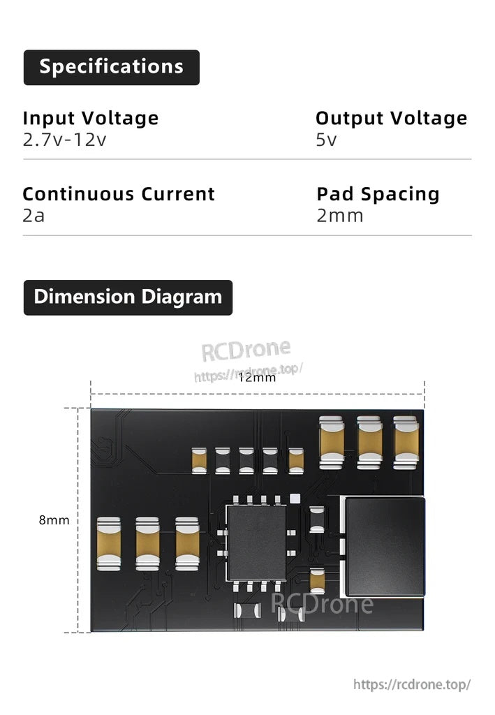 Sub250 1S BEC specs and size diagram showing 2.7–12V input, 5V output, 2A current, 12×8mm board