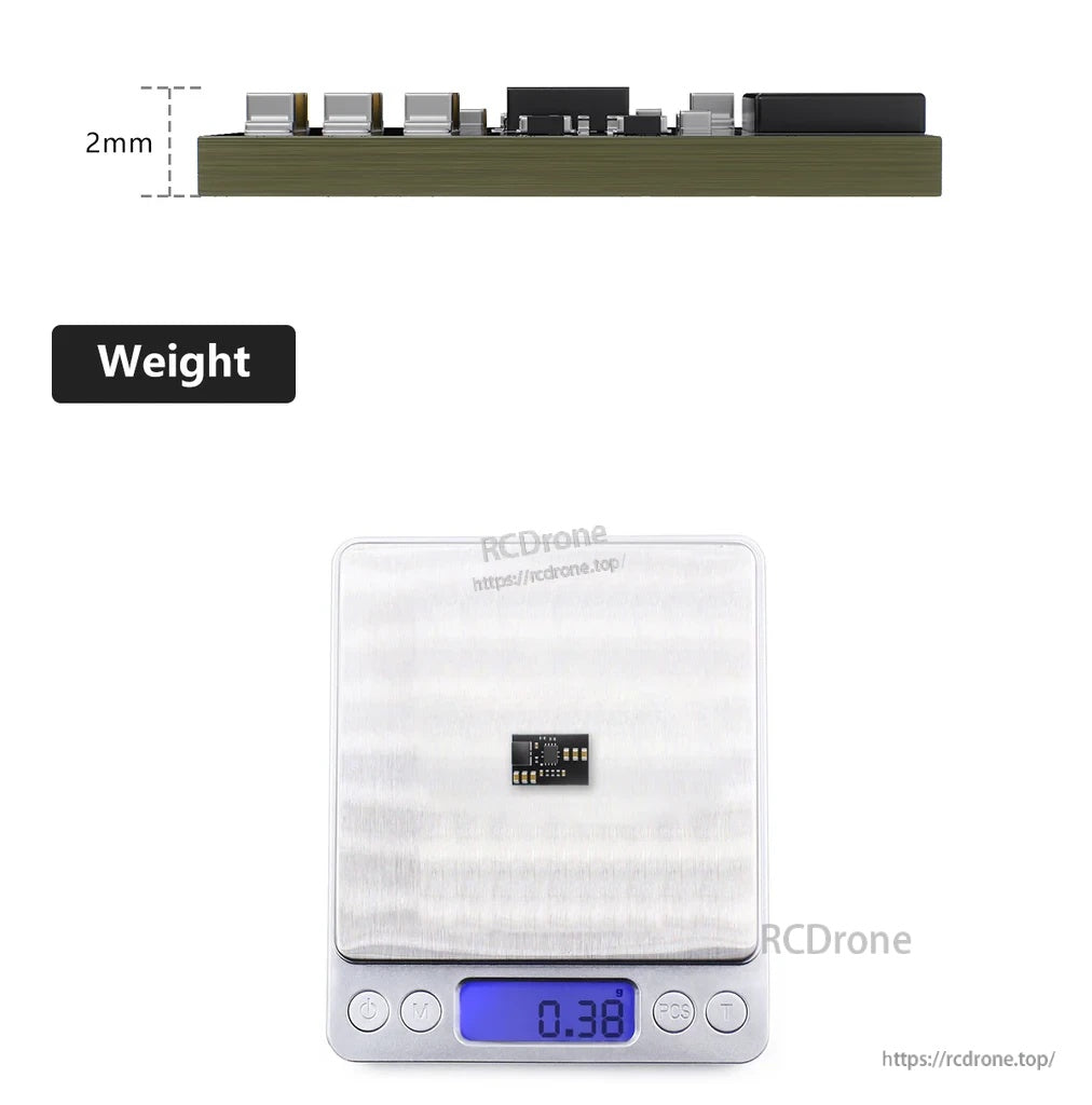 Side profile and scale weight display for the BEC board, showing 2mm thickness and 0.38g weight