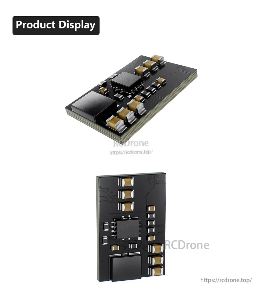 Angled front and back views of the Sub250 1S BEC board with surface-mount components and compact layout