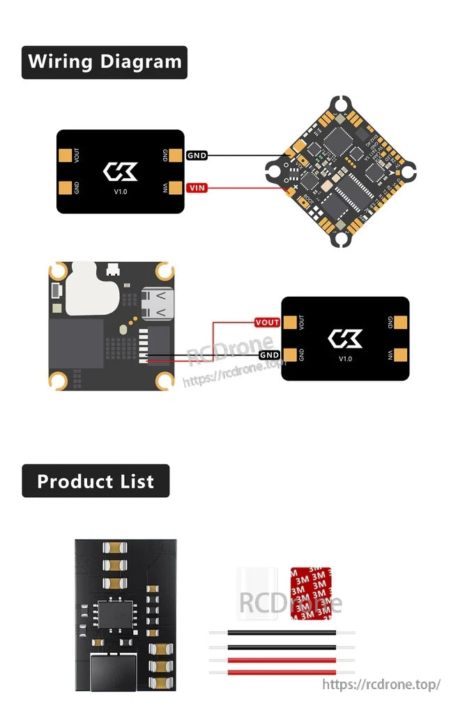Wiring connection example to flight controller plus included accessories: 3M tape, heat-shrink tube, and wires