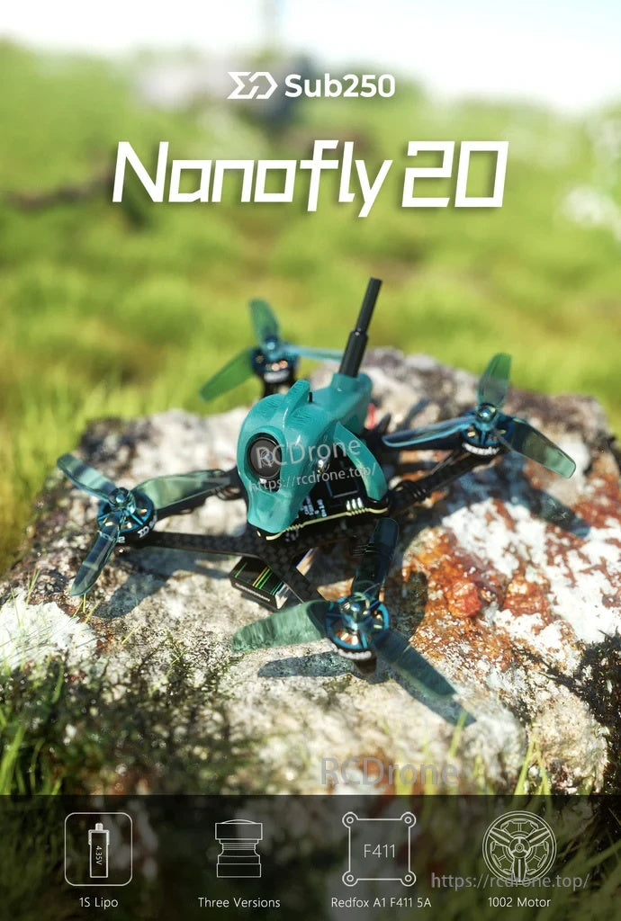 Sub250 Nanofly20 1S 2-inch analog micro quad outdoors, teal canopy and 2" tri-blade props
