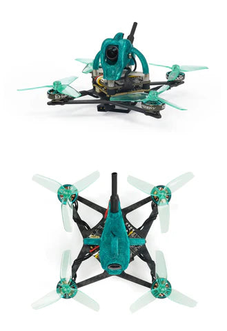 Studio photos of Nanofly20: front/side angle and top-down view showing four 2-inch propellers