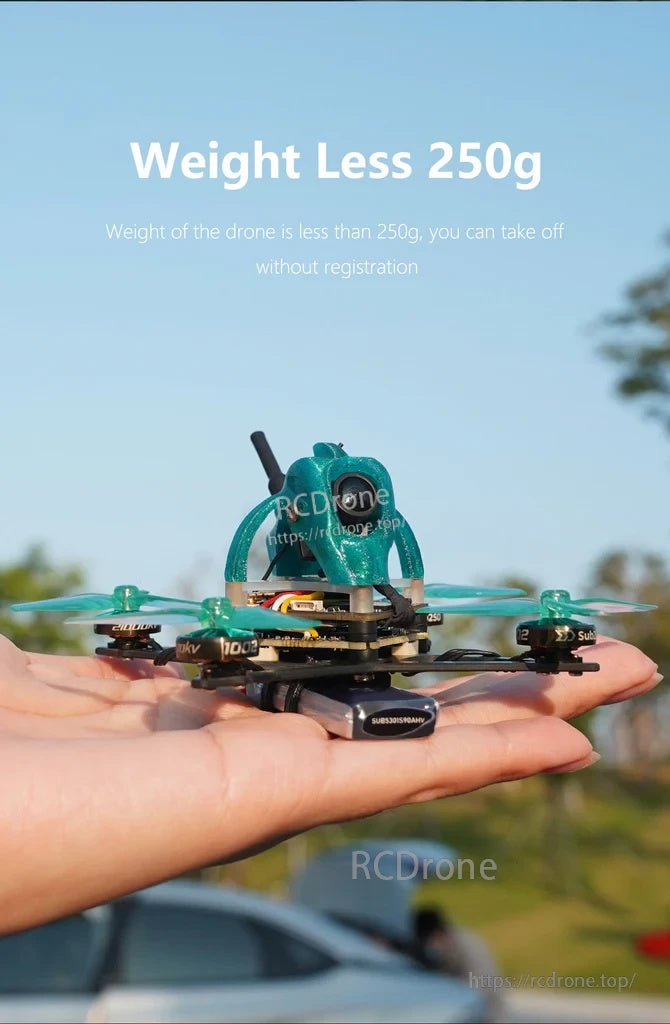 Nanofly20 micro quad resting on a hand with “Weight less 250g” graphic