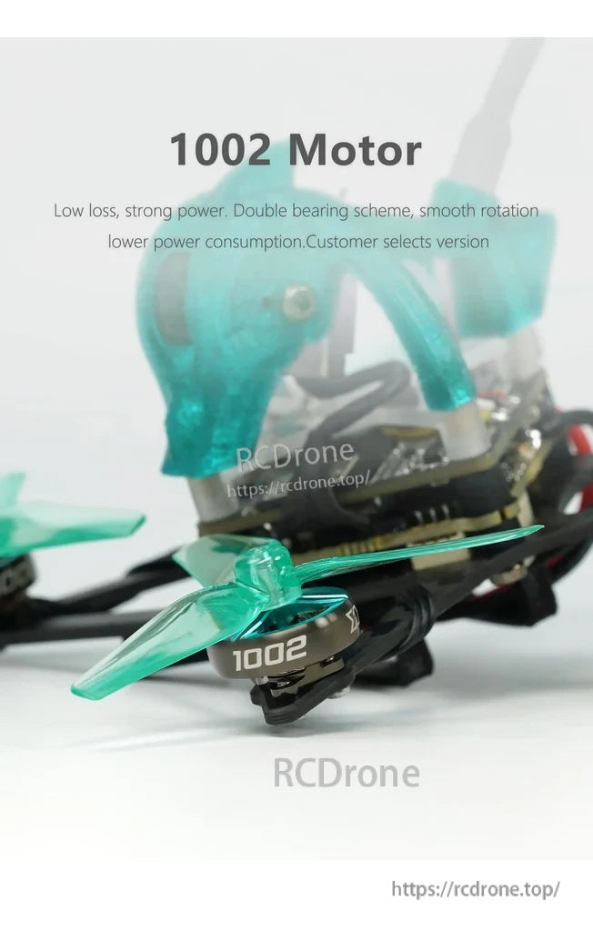 Close-up of 1002 motor with teal 2-inch propeller installed on Nanofly20 micro quad arm