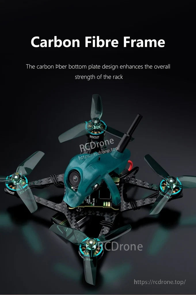 Nanofly20 carbon fiber frame close view with teal canopy and 2-inch propellers