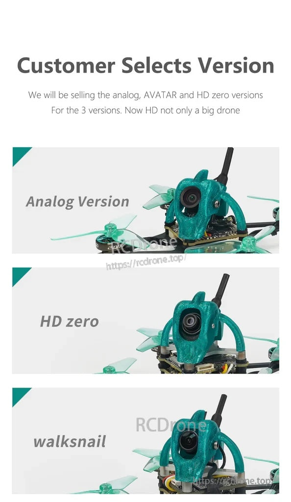 Version selection graphic listing Analog, HD zero, and Walksnail options for Nanofly20 frame