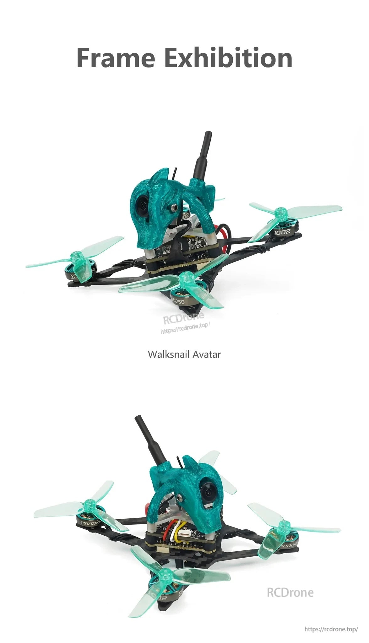 Two angled views of the Nanofly20 frame layout with camera mount and top-mounted antenna