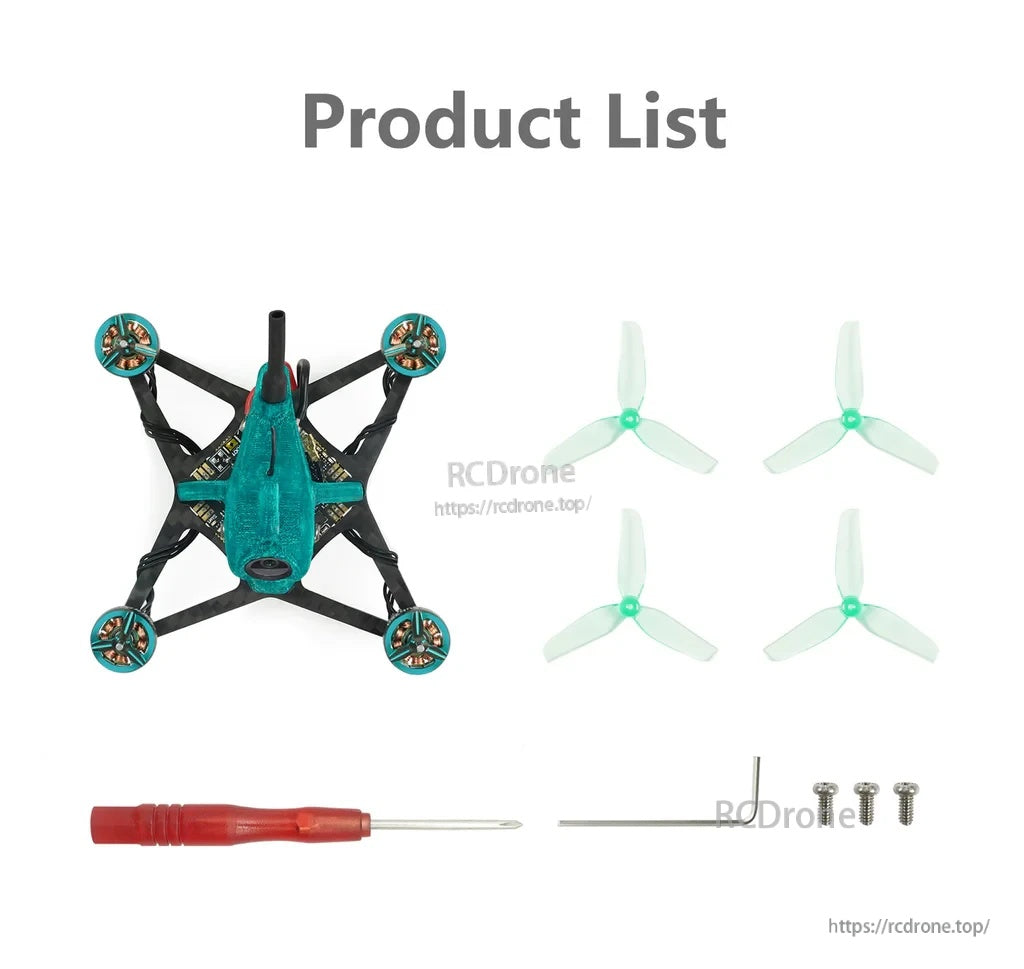 What’s included: Nanofly20 quad, 4 spare 2-inch props, Phillips screwdriver, 1.5mm driver, and screws