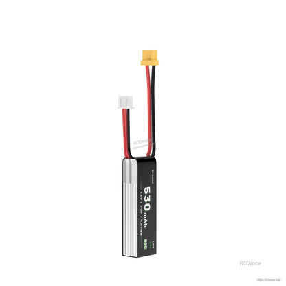 Side profile of 530mAh 2S LIHV battery showing thickness, silver wrap, and wire exit at top