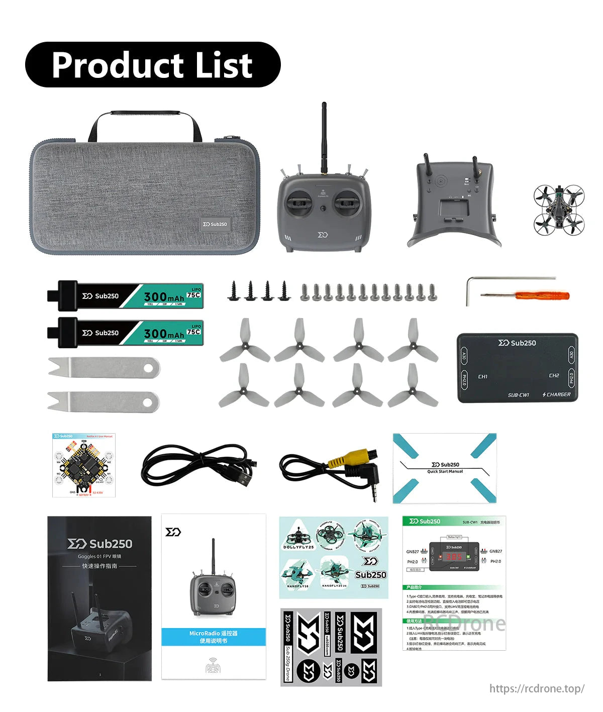 Sub250 65mm Whoop Drone kit includes case, remote, drone, batteries, props, charger, tools, manuals; perfect for FPV racing with easy assembly and detailed instructions.