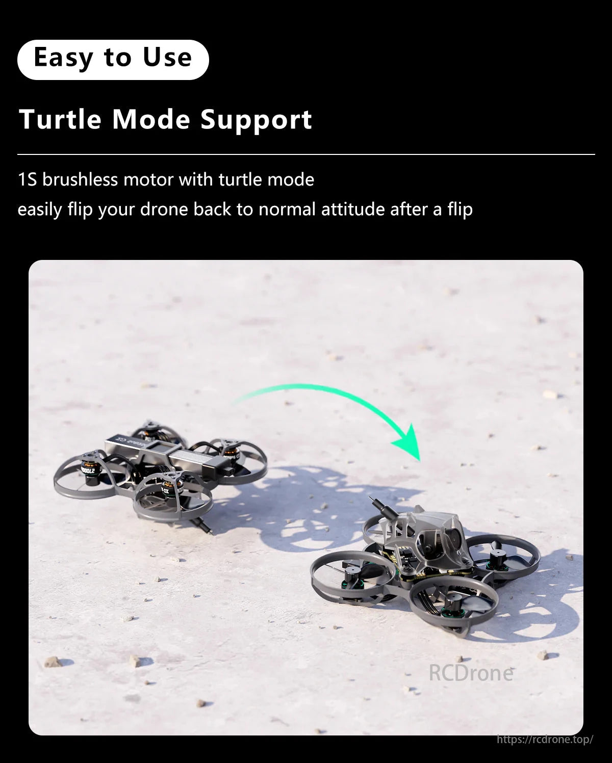 Sub250 65mm Whoop Drone, The drone features an easy-to-use design with Turtle Mode support, allowing it to right itself after flipping via a 1S brushless motor.