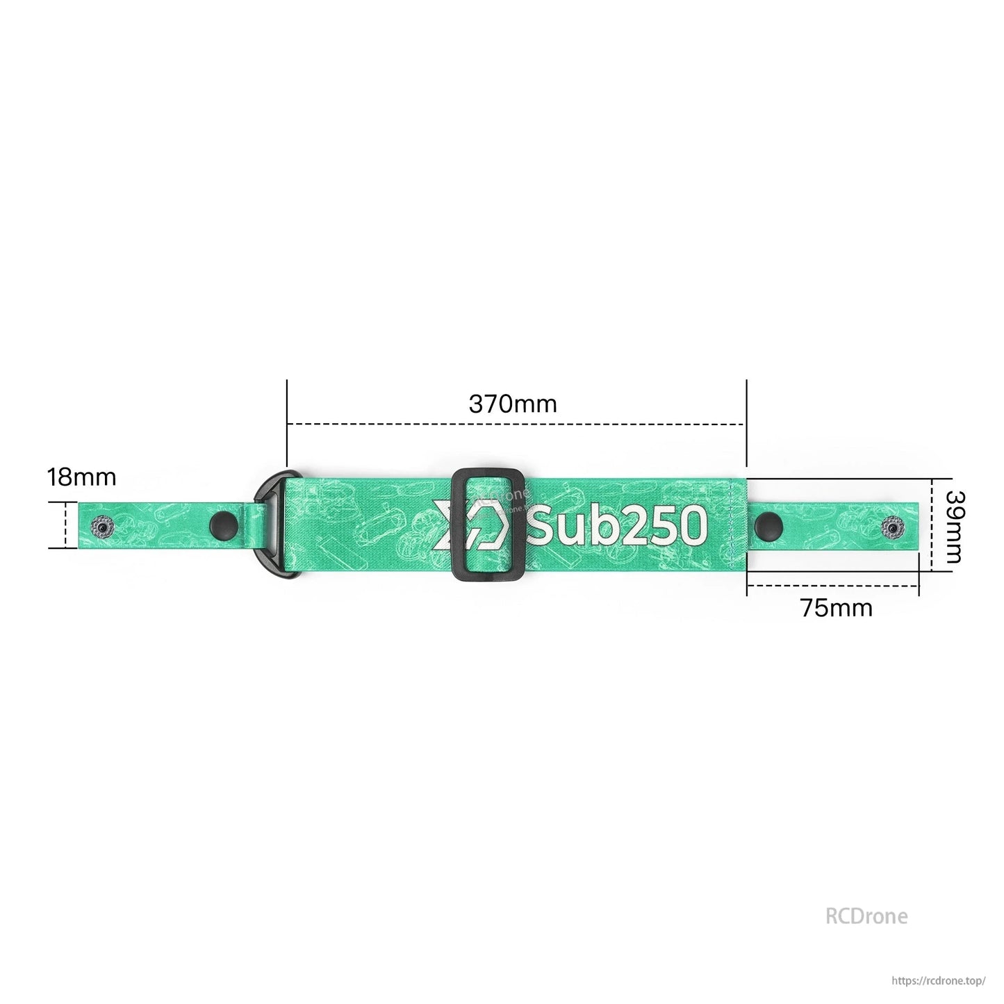 Green strap size diagram showing 370 mm length, 18 mm width, 39 mm section, and 75 mm end