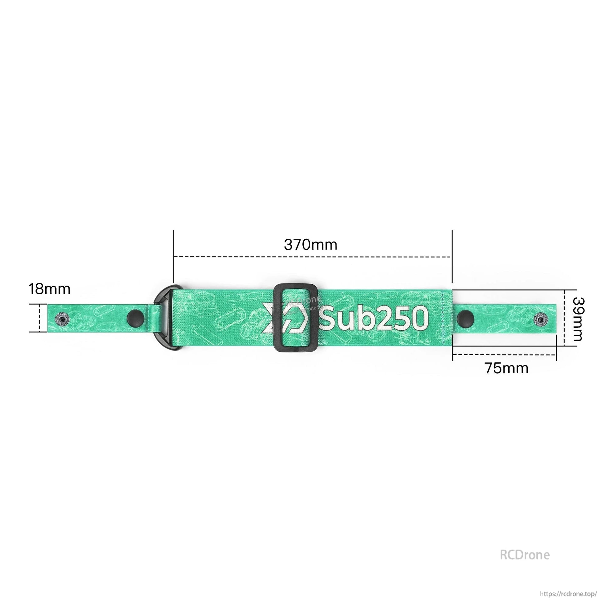 Green strap size diagram showing 370 mm length, 18 mm width, 39 mm section, and 75 mm end