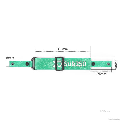 Green strap size diagram showing 370 mm length, 18 mm width, 39 mm section, and 75 mm end