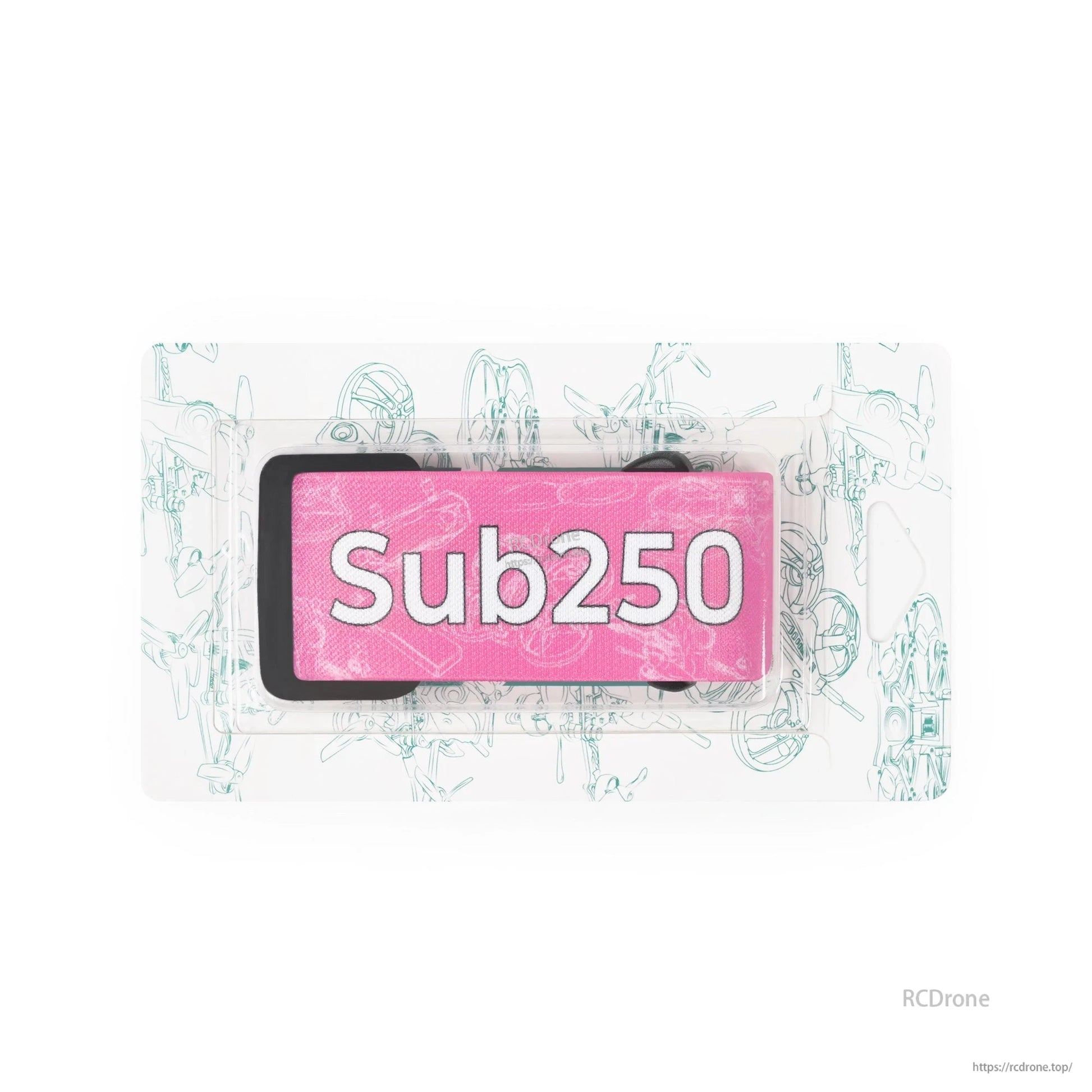 Pink Sub250 logo patch view with background line art graphic, showing strap pad detail