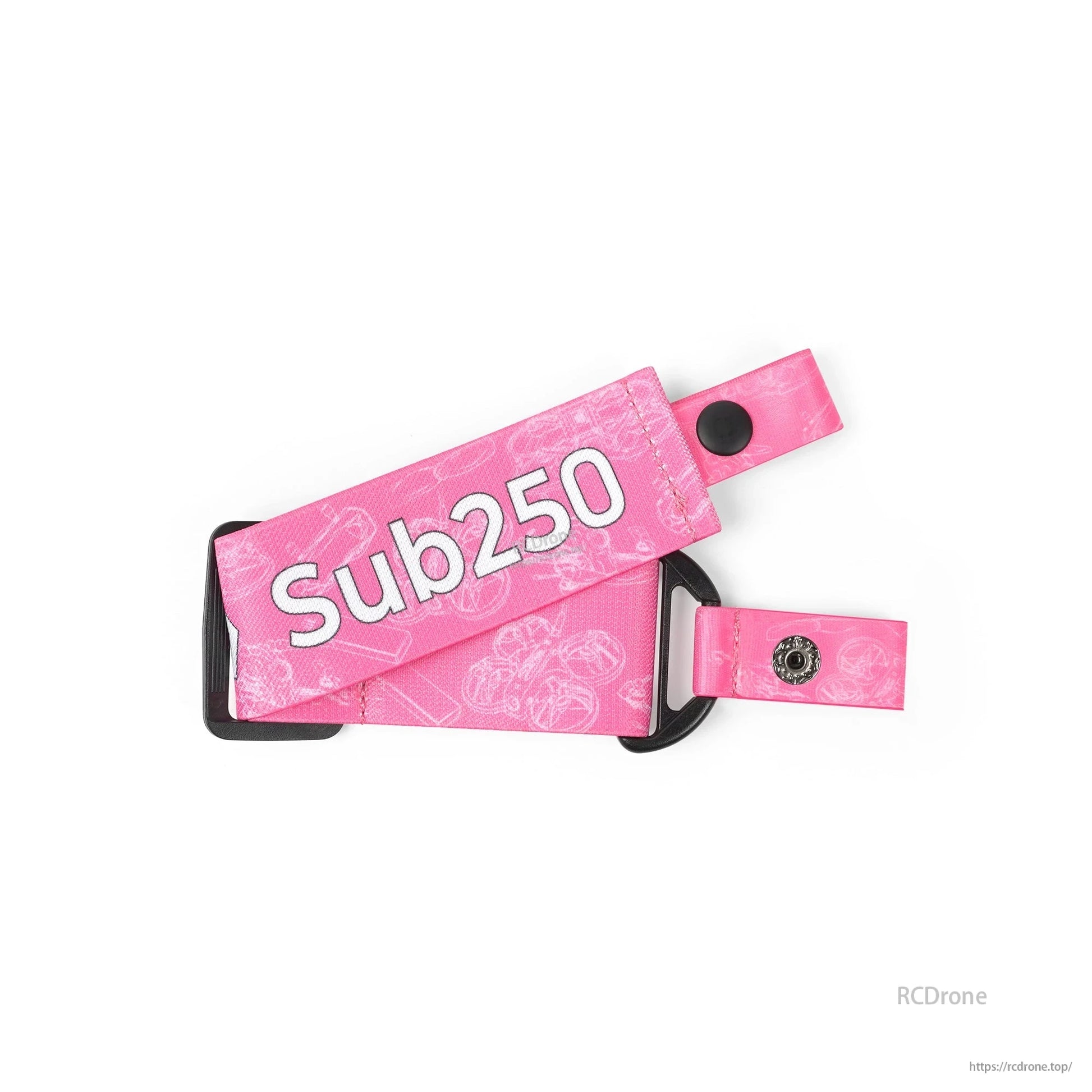 Pink Sub250 braided FPV goggle strap folded view showing buckle loop and snap fastener