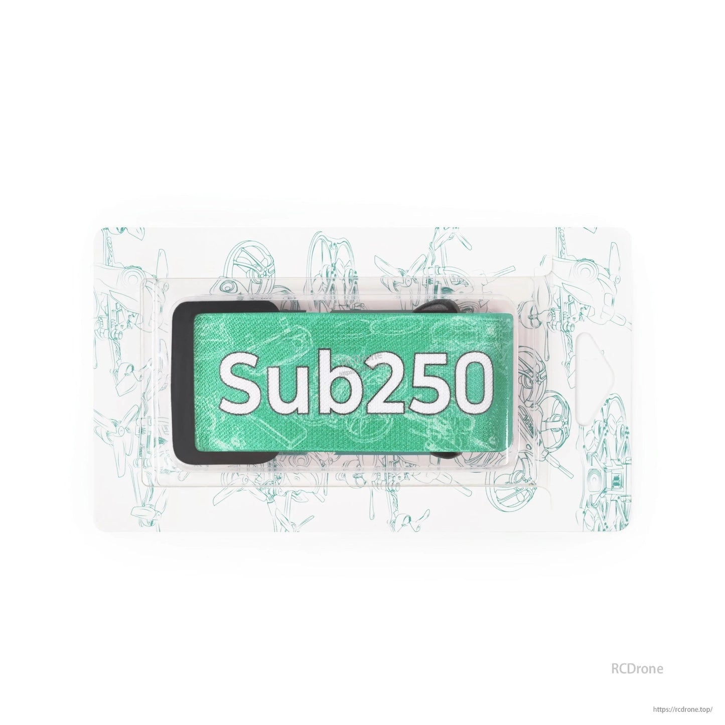 Green Sub250 logo patch view with background line art graphic, showing strap pad detail