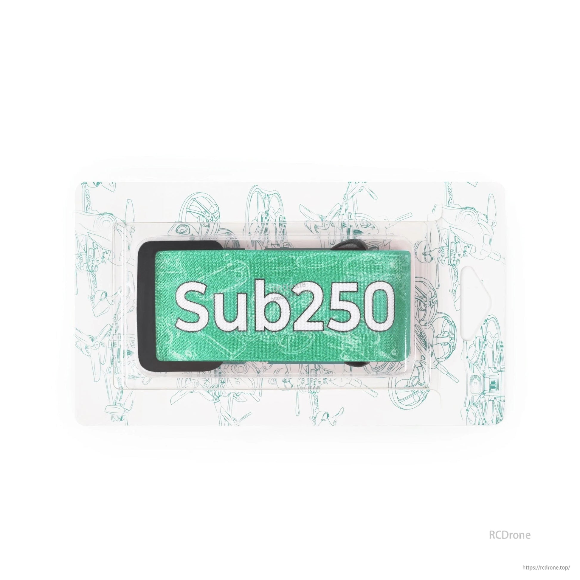 Green Sub250 logo patch view with background line art graphic, showing strap pad detail