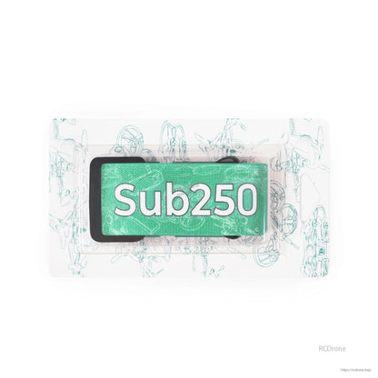 Green Sub250 logo patch view with background line art graphic, showing strap pad detail