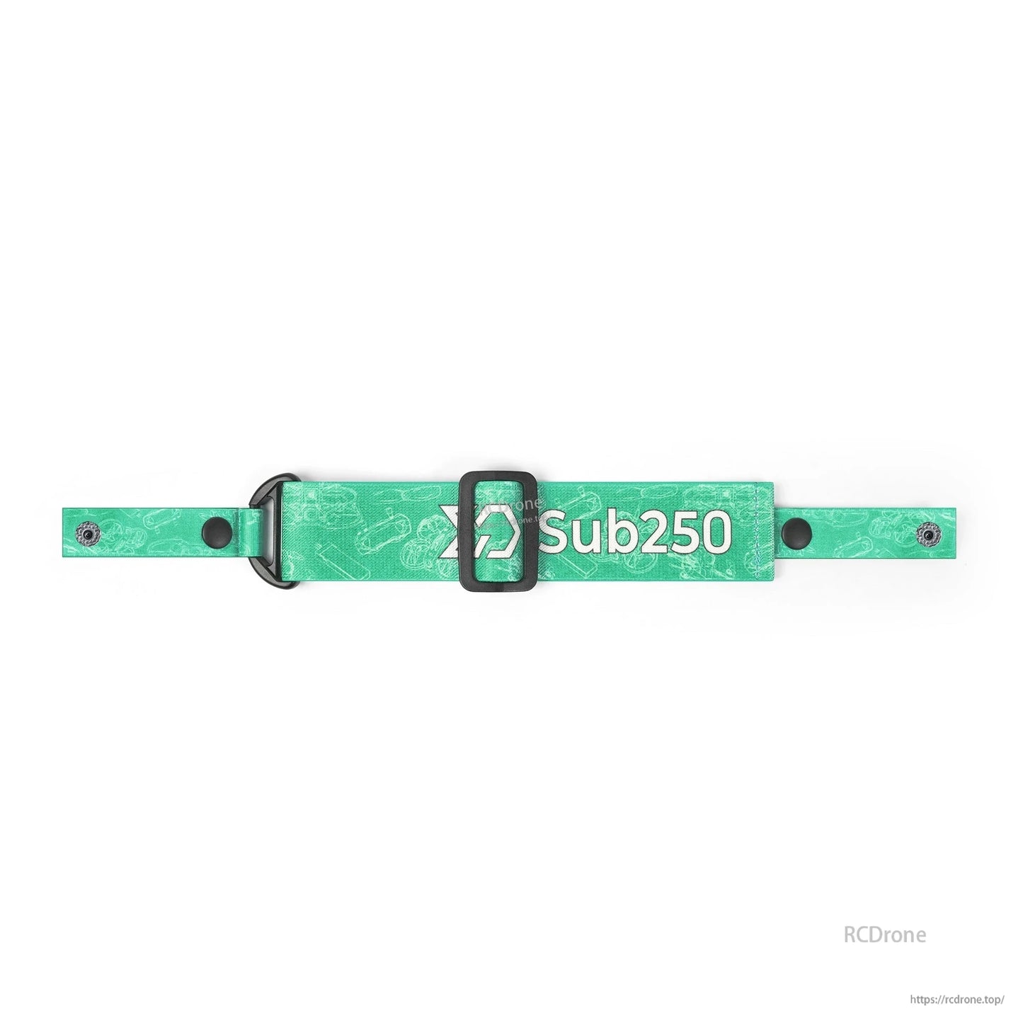 Green Sub250 goggle strap full length view with adjustment slider, buckle loop, and end snaps