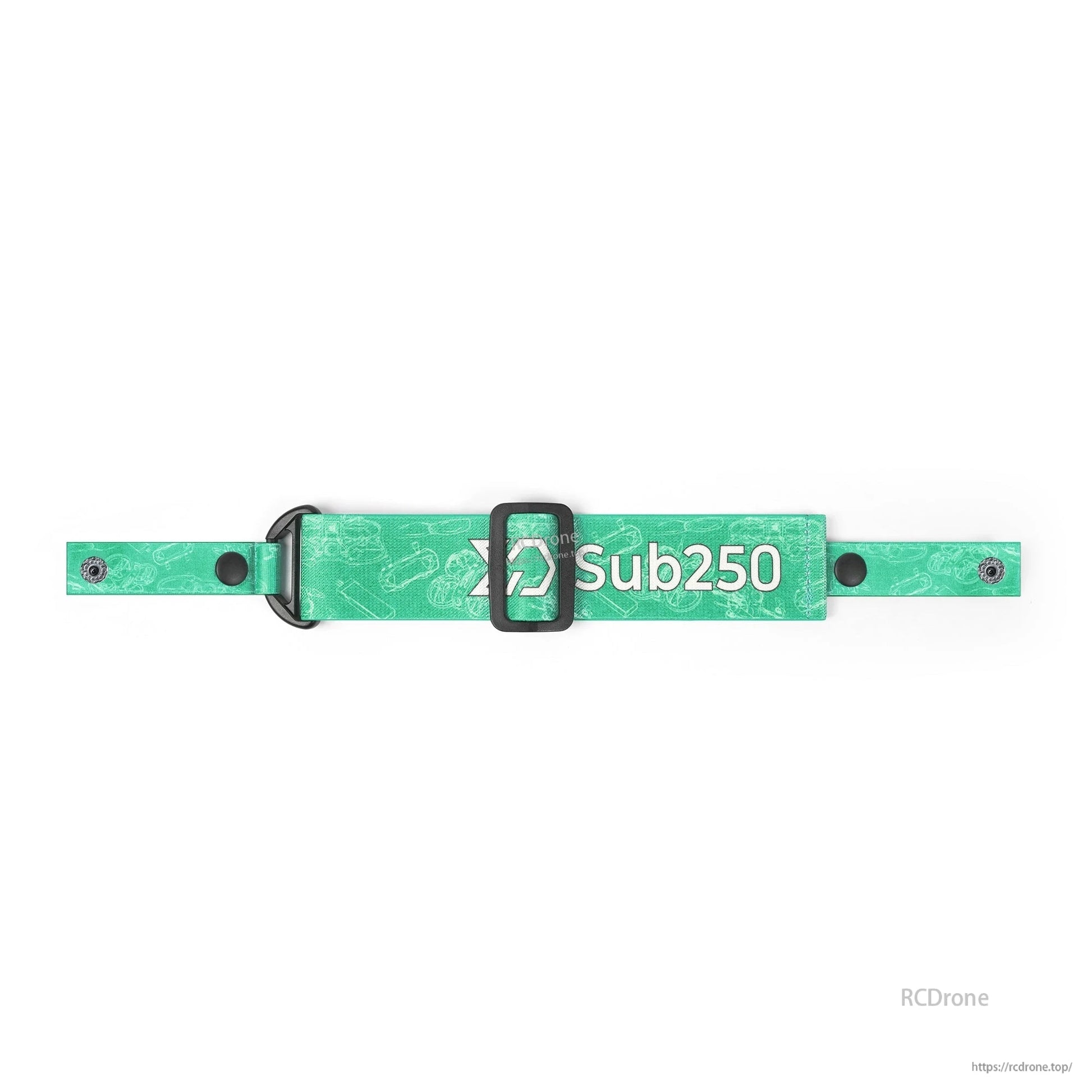 Green Sub250 goggle strap full length view with adjustment slider, buckle loop, and end snaps