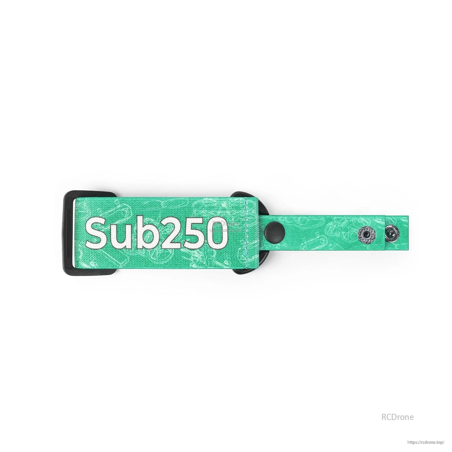 Green strap close-up showing Sub250 logo patch, nylon weave pattern, and dual snap fasteners
