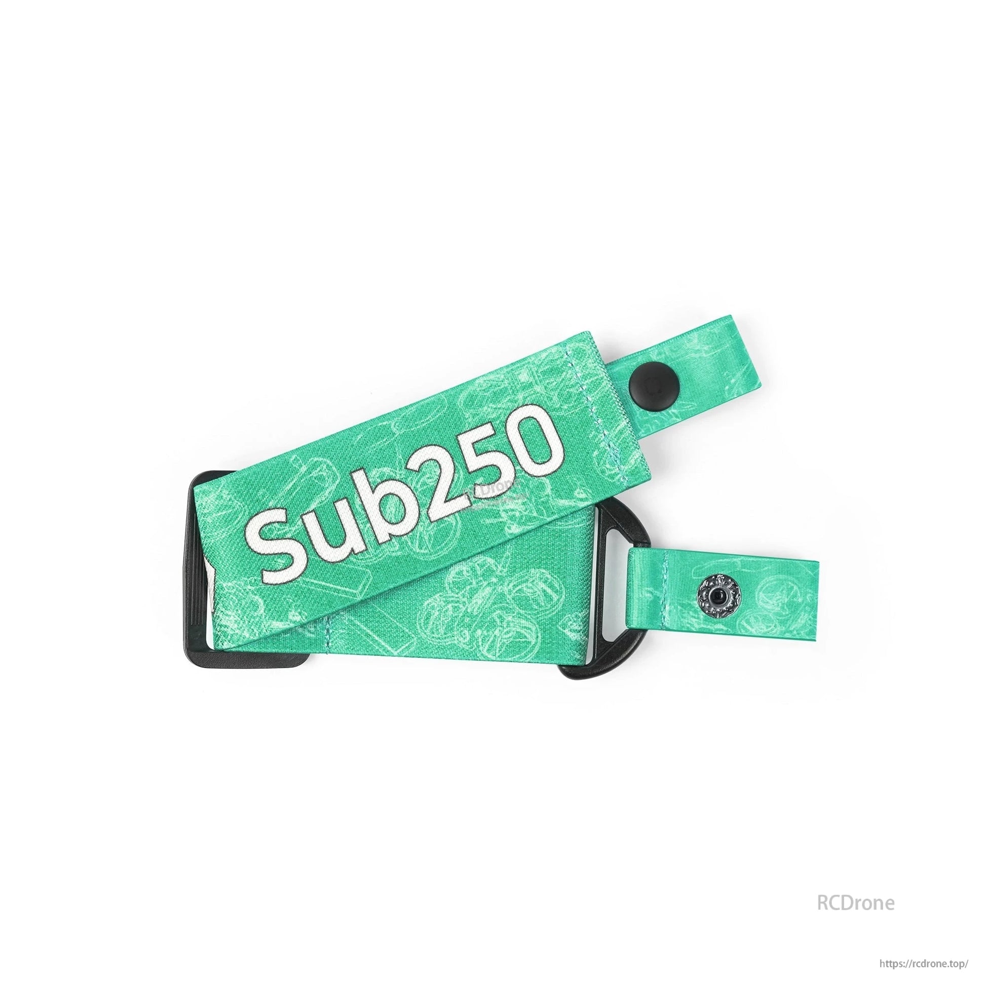 Green Sub250 braided FPV goggle strap folded view showing buckle loop and snap fastener