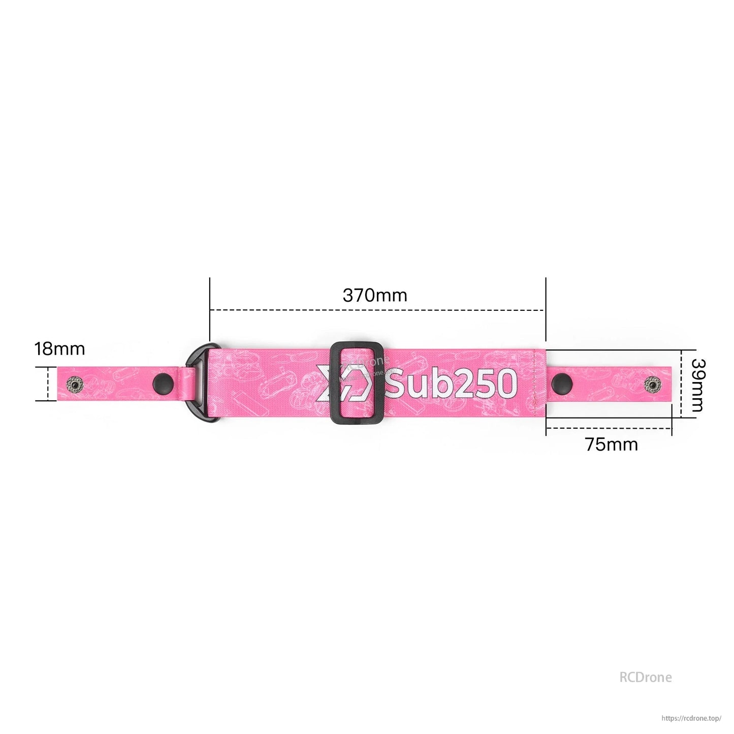 Pink strap size diagram showing 370 mm length, 18 mm width, 39 mm section, and 75 mm end