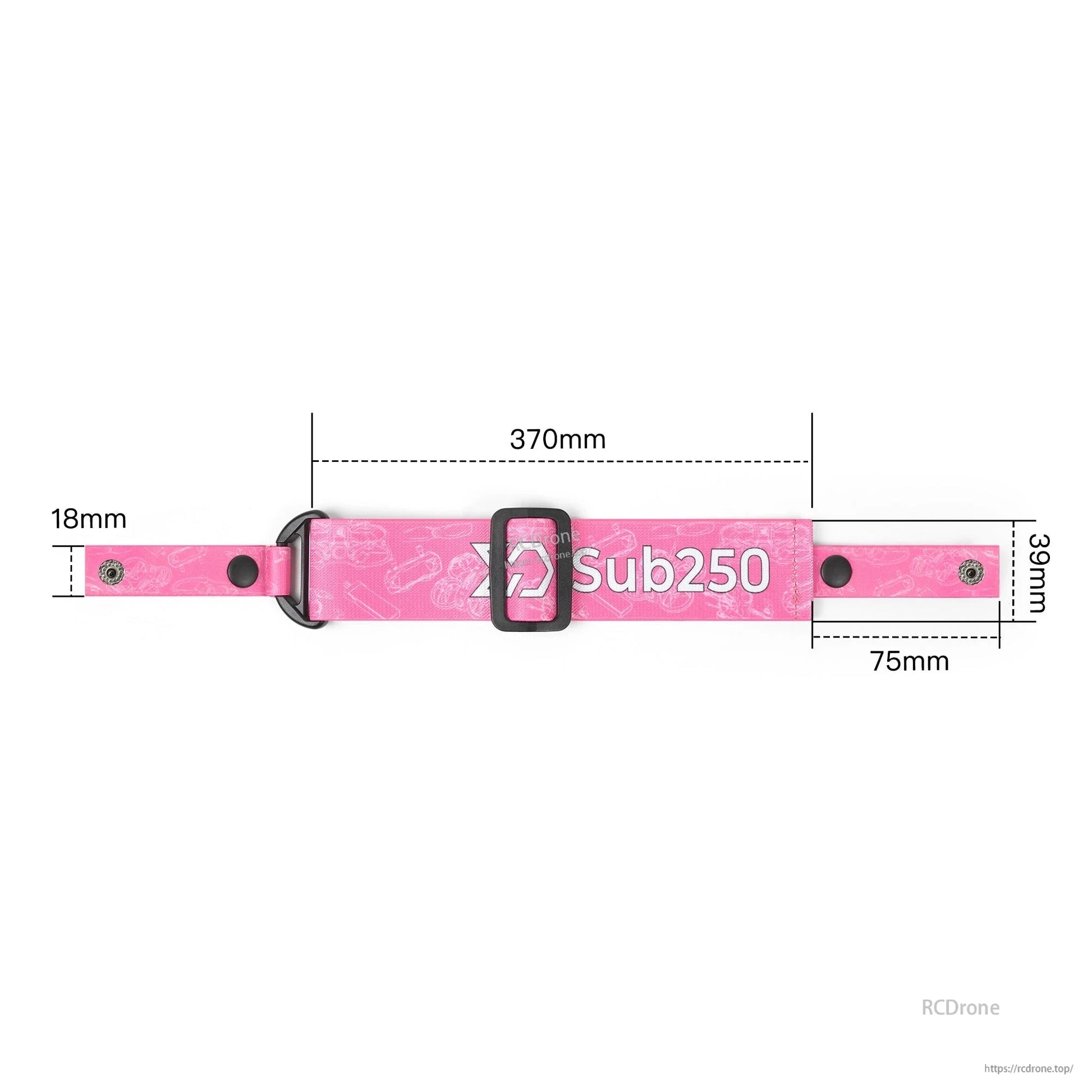 Pink strap size diagram showing 370 mm length, 18 mm width, 39 mm section, and 75 mm end