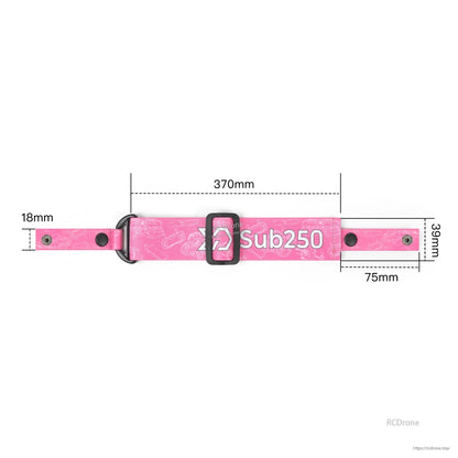 Pink strap size diagram showing 370 mm length, 18 mm width, 39 mm section, and 75 mm end
