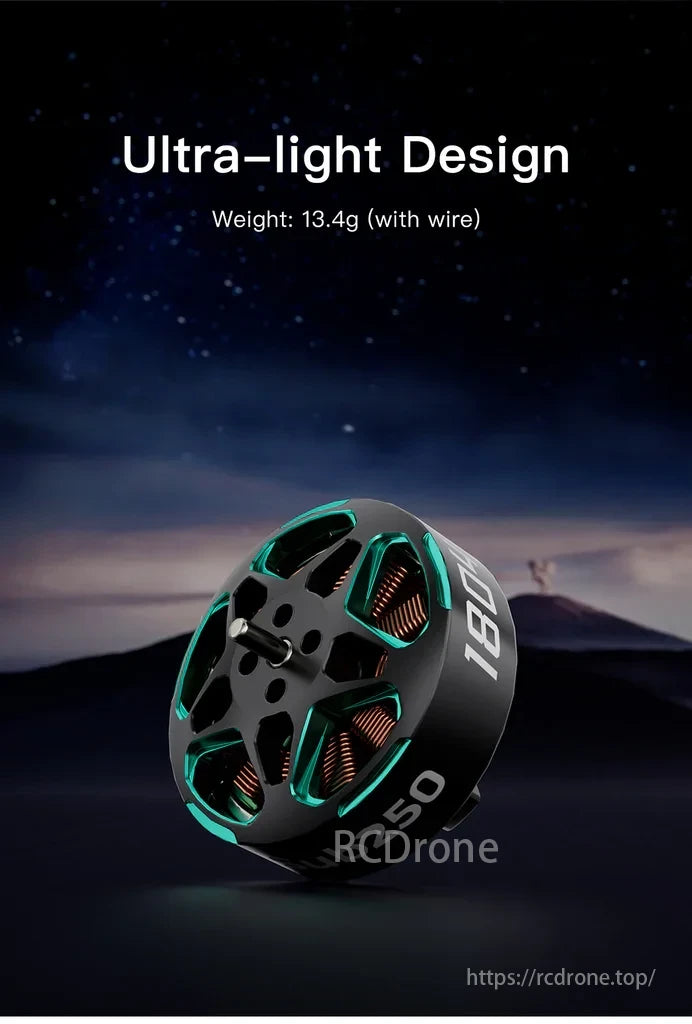 The Sub250 brushless motor, weighing 13.4g with wires, features a sleek black and teal design.