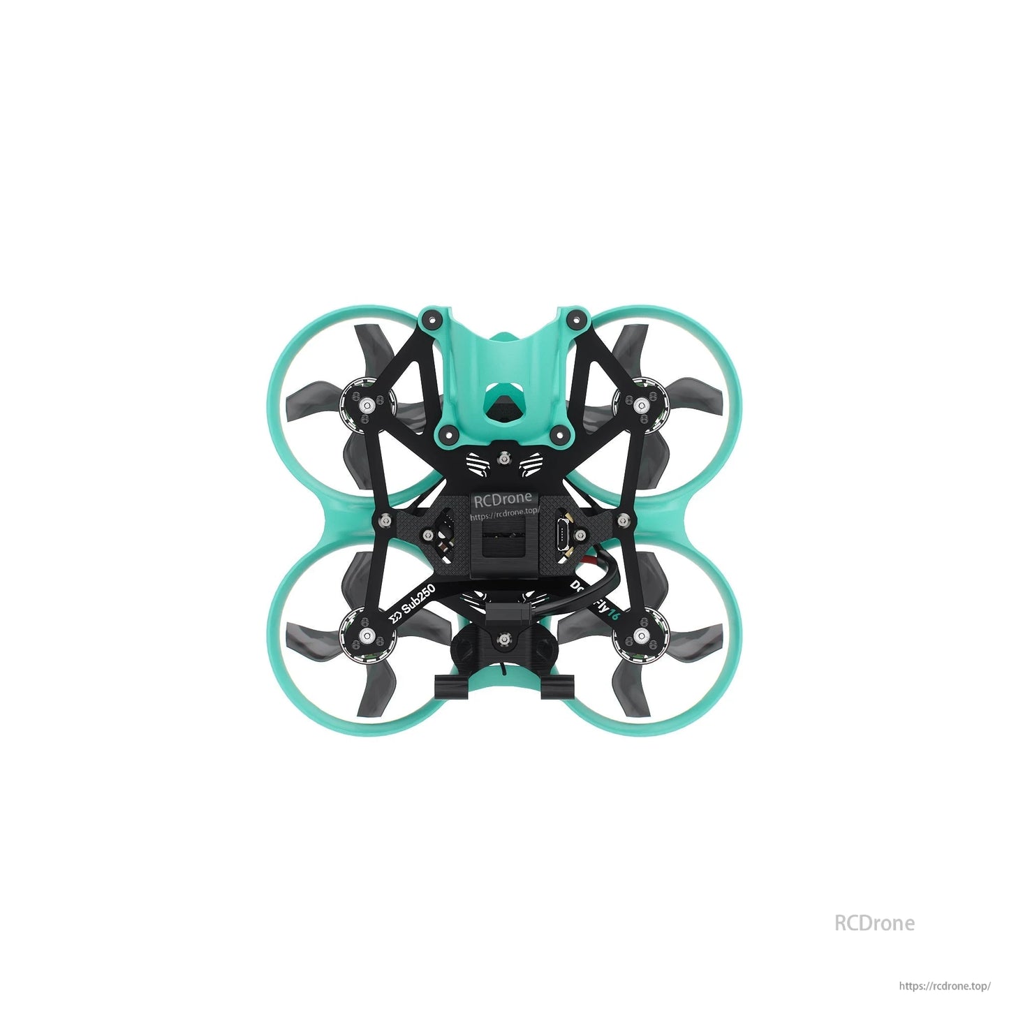 Top-down view with canopy removed, showing central electronics area and teal ducted frame