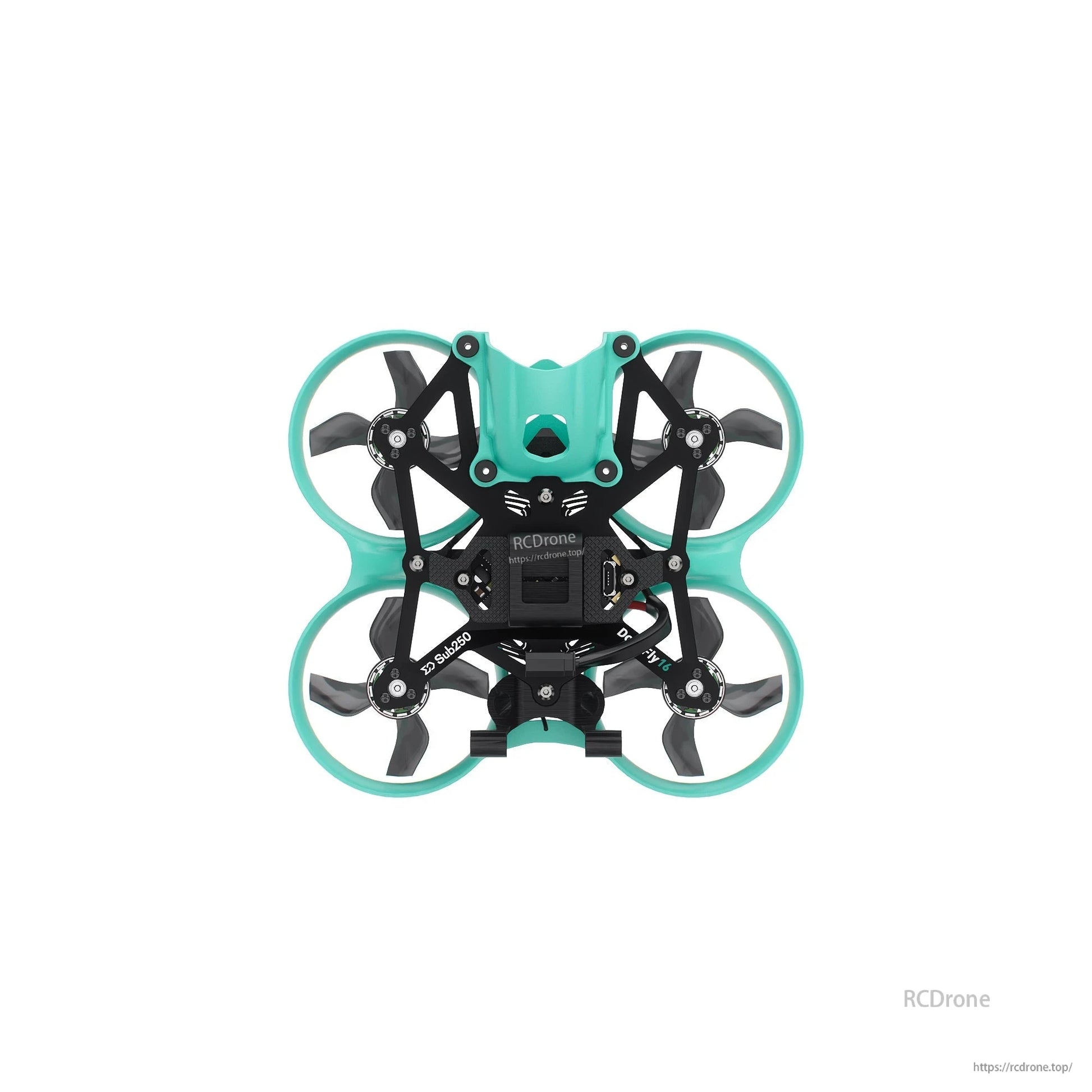 Top-down view with canopy removed, showing central electronics area and teal ducted frame