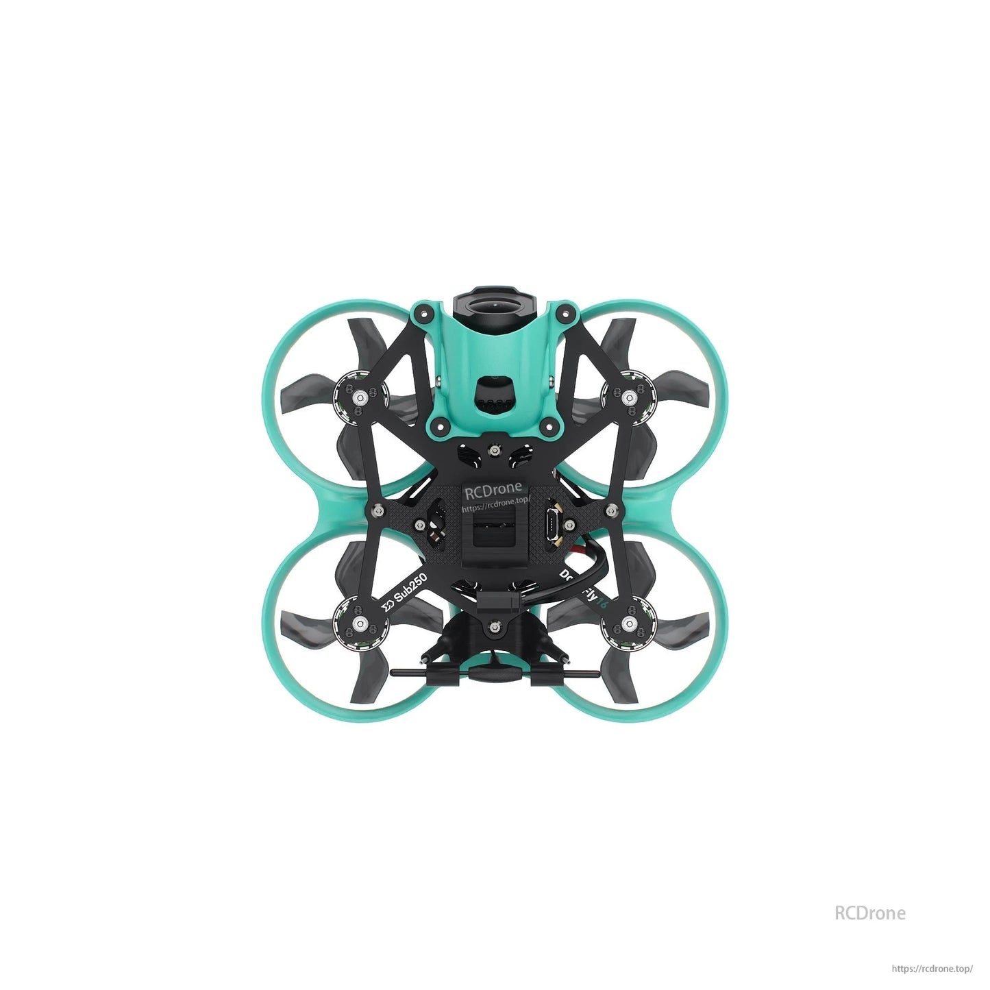 Sub250 DollyFly16 1.6-inch 2S whoop FPV drone top-down view showing frame layout and electronics