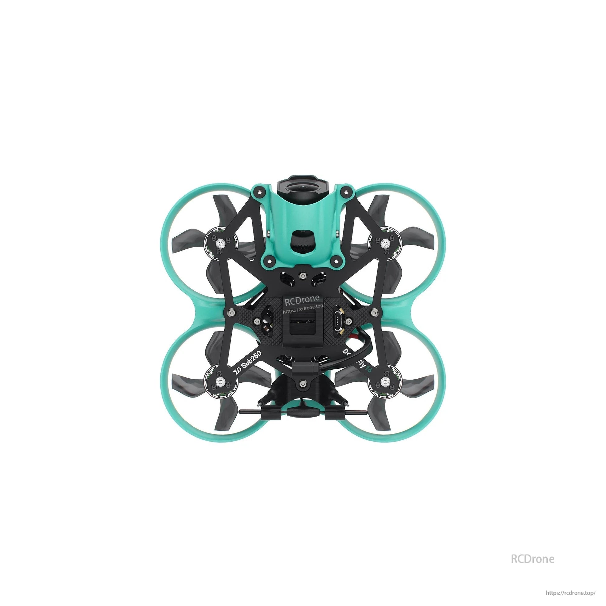 Sub250 DollyFly16 1.6-inch 2S whoop FPV drone top-down view showing frame layout and electronics