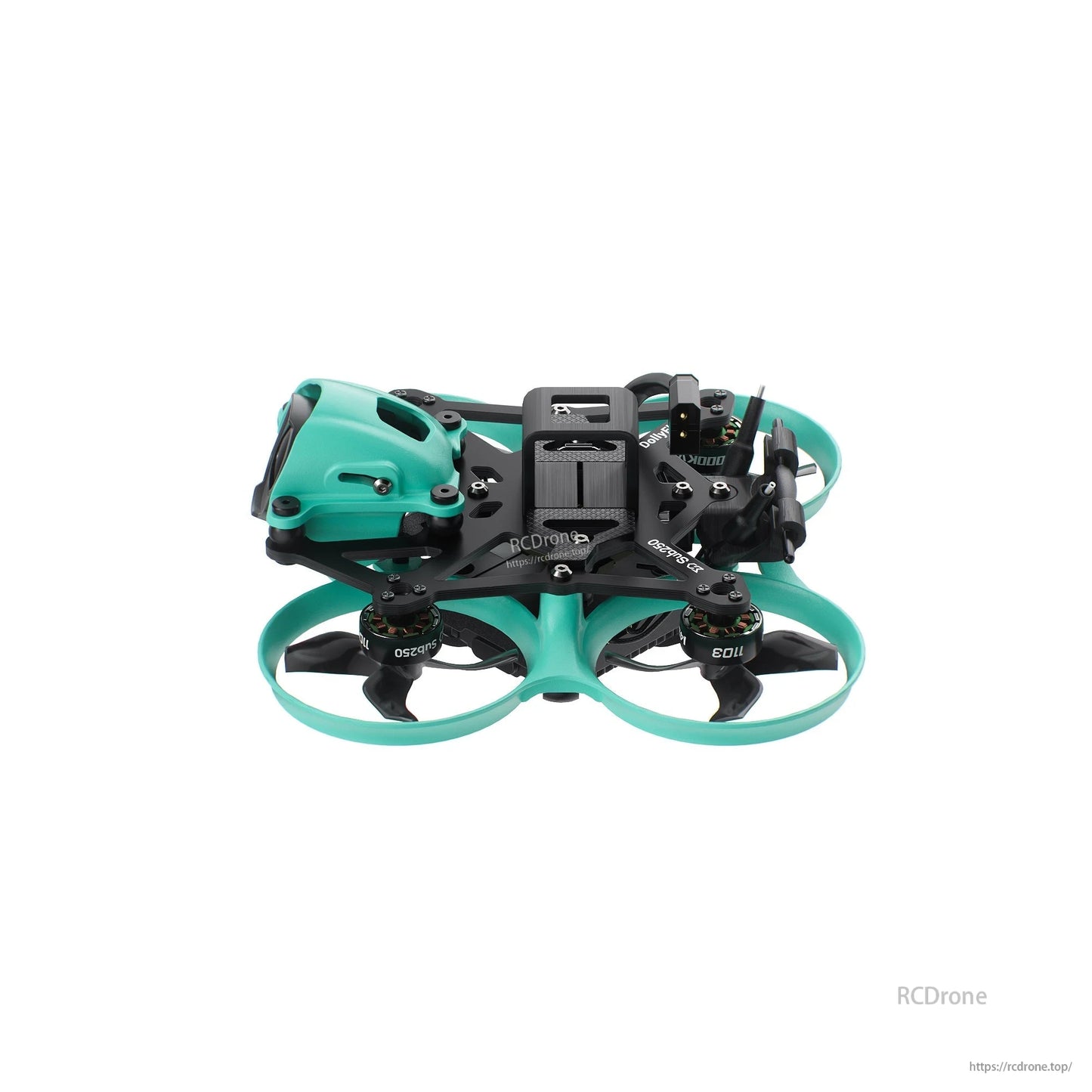 Left side profile of whoop drone showing canopy, stack area, and ducted prop guards