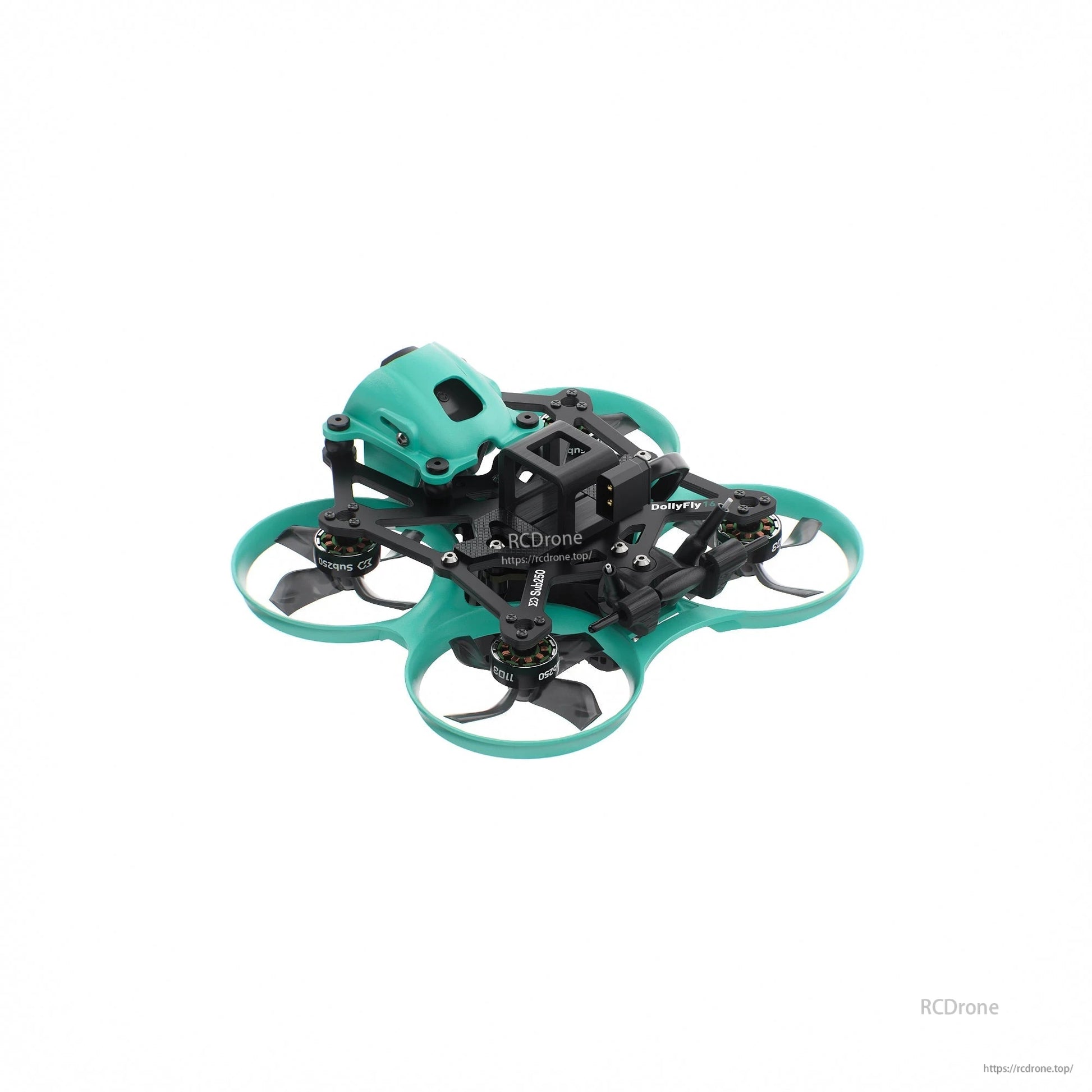 Rear-left angle view showing top mount area and ducted prop guards on teal frame