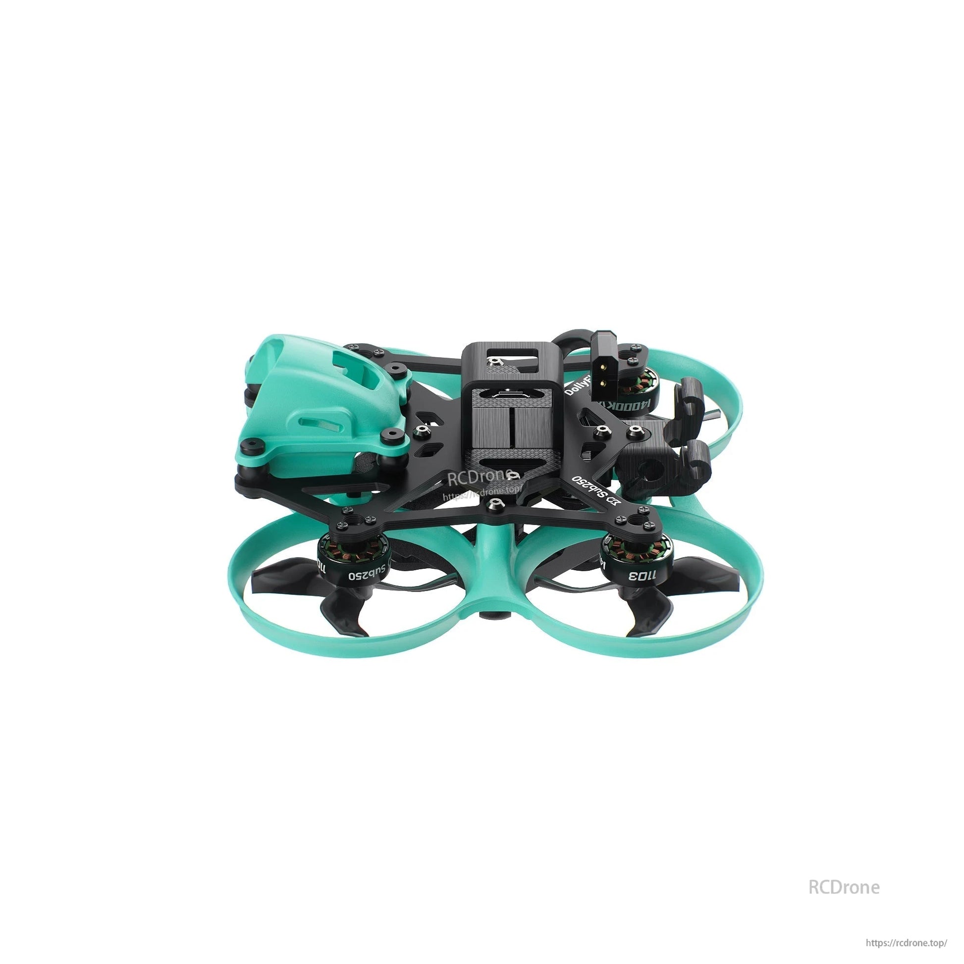 Right side profile showing canopy, standoffs, motor arms, and teal ducted prop guards