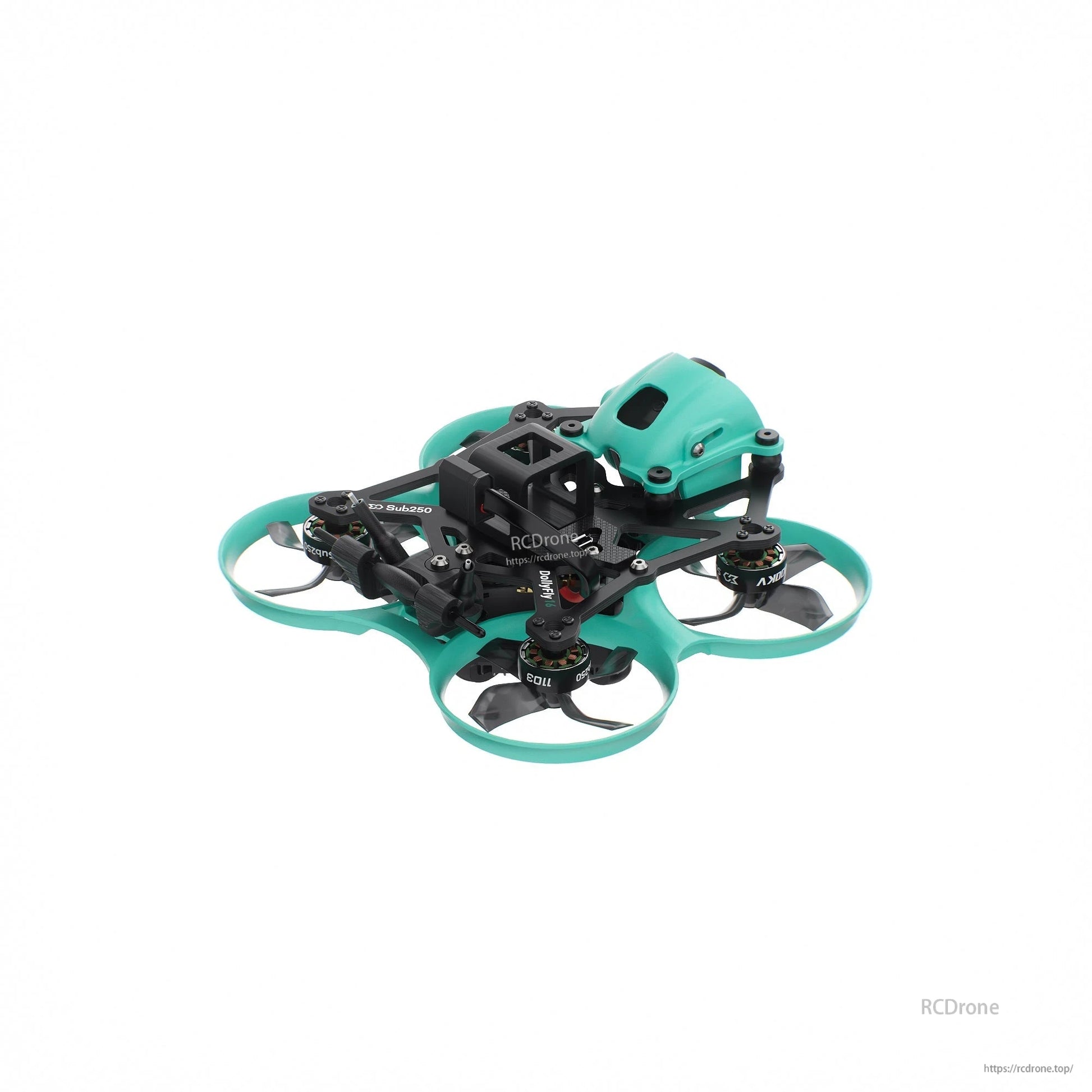 Front-right angle view showing camera housing, carbon frame, and teal ducted prop guards