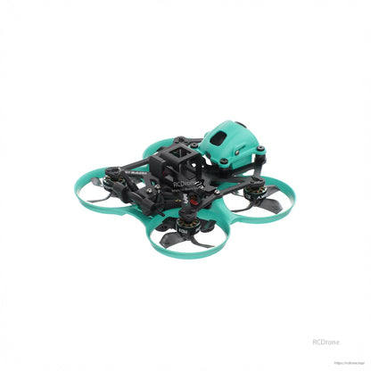 Front-right angle view showing camera housing, carbon frame, and teal ducted prop guards