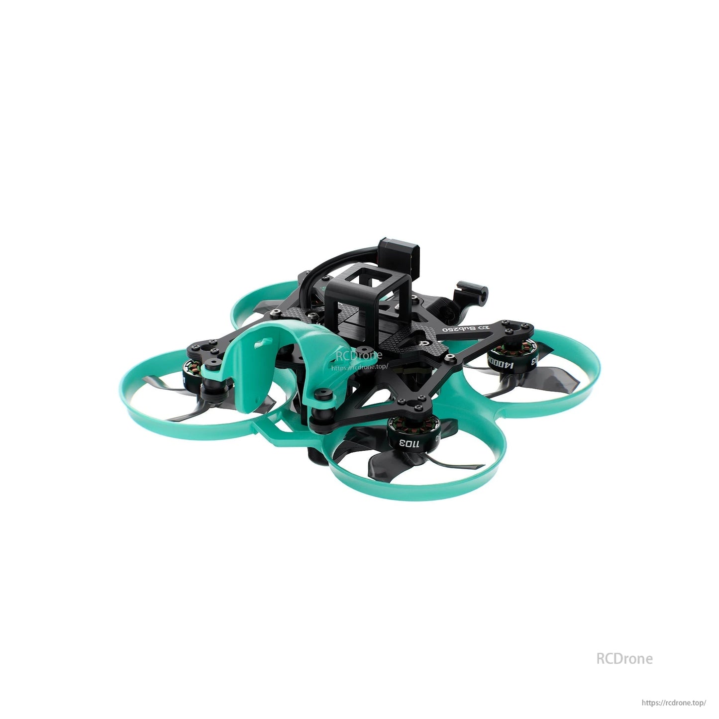 Front angle with camera and top mounting bracket visible above the frame and teal ducts