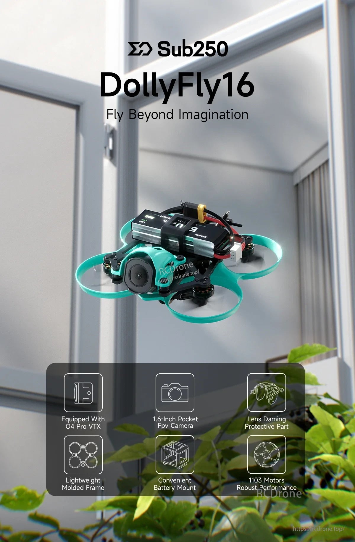 Sub250 DollyFly16 1.6-inch 2S whoop FPV drone with ducted frame and HD camera (mint green)