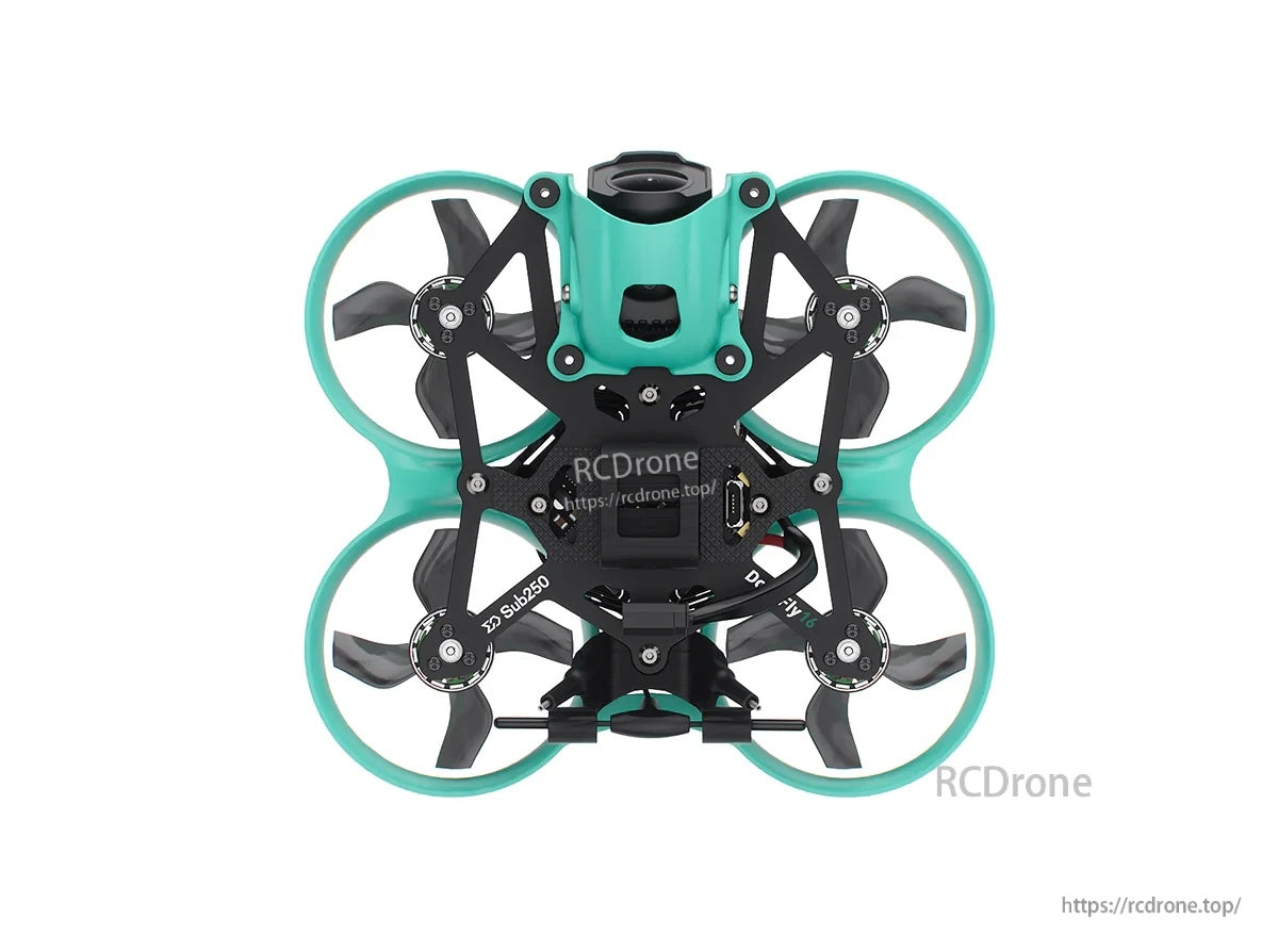Top-down view of DollyFly16 ducted whoop frame with four props, carbon plate, and camera mount